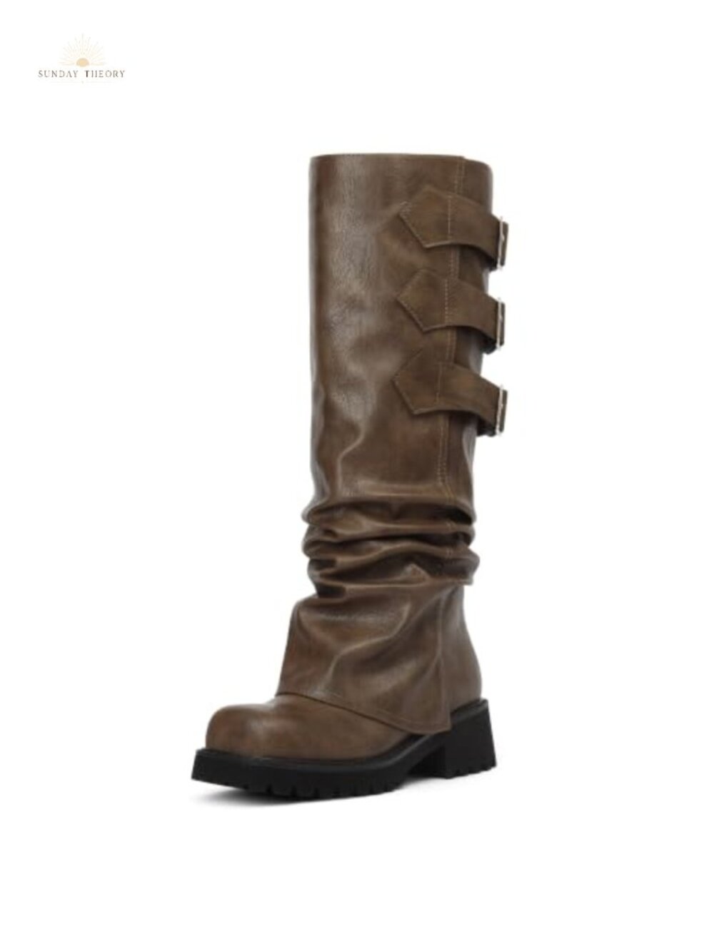 Faux Leather Knee High Motorcycle Riding Boots, Fold Over Block Heel Platform